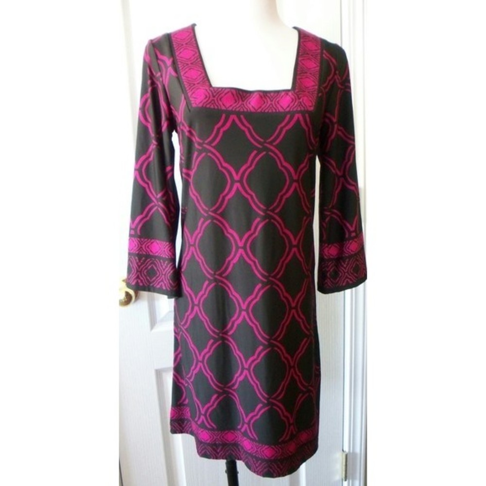 TUNIC DRESS KNIT SQUARE NECK 3/4 SLEEVE TUNIC GEOMETRY PRINT SMALL WOMENS SMALL